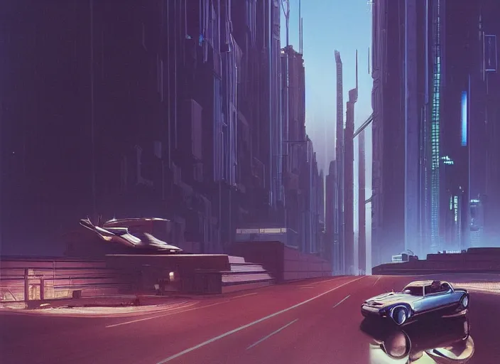 Prompt: a car driving down a street next to tall buildings the night at 11:00 am, cyberpunk art by Chesley Bonestell, cgsociety, retrofuturism, matte painting, reimagined by industrial light and magic