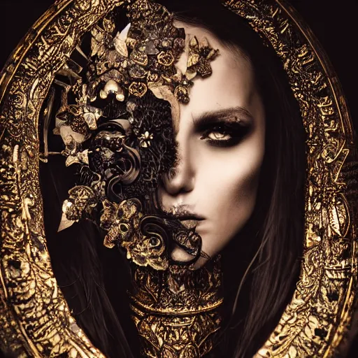 Prompt: a portrait of female model by stefan geselle and nekro borja, photorealistic, intricate details, hyper realistic, ornate headpiece, dark beauty, photorealistic, canon r 3, wide shot, photography, dark beauty, symmetrical features, wide angle shot