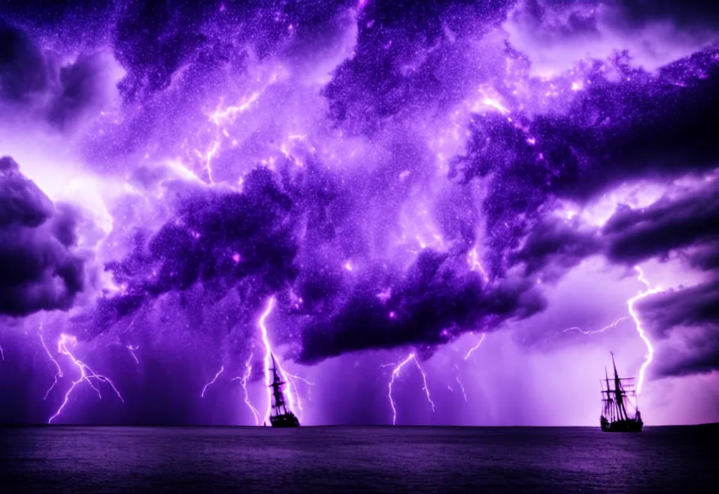 Prompt: purple color lighting storm with stormy sea, pirate ship firing its cannons trippy nebula sky with dramatic clouds 50mm shot