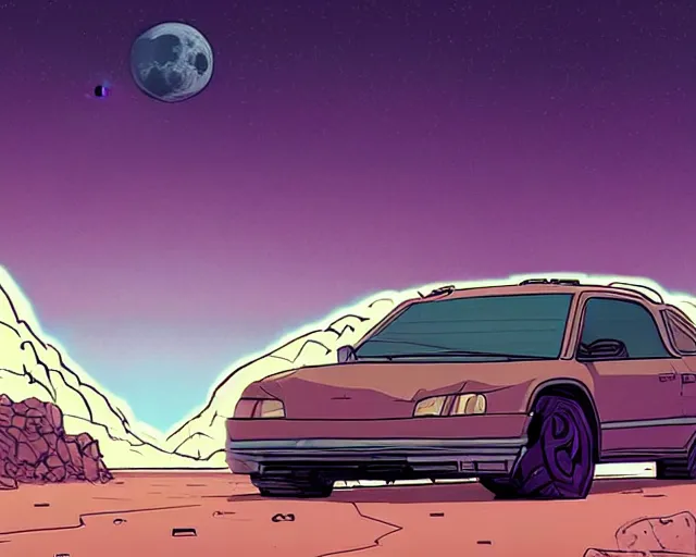 Prompt: a study of cell shaded cartoon of kanye west on a desert road, in front of a big moon illustration, wide shot, muted colors, post grunge, concept art by josan gonzales and wlop, david rubin, mike mignola, laurie greasley, highly detailed, sharp focus, trending on artstation, hq, deviantart, art by artgem