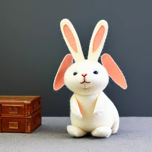 Prompt: a cute elegant felt plush doll of a rabbit wearing overalls detailed highly realistic