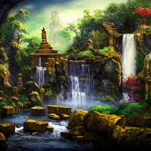 Prompt: temple ruins besides of a waterfall, fantasy art, cinematic