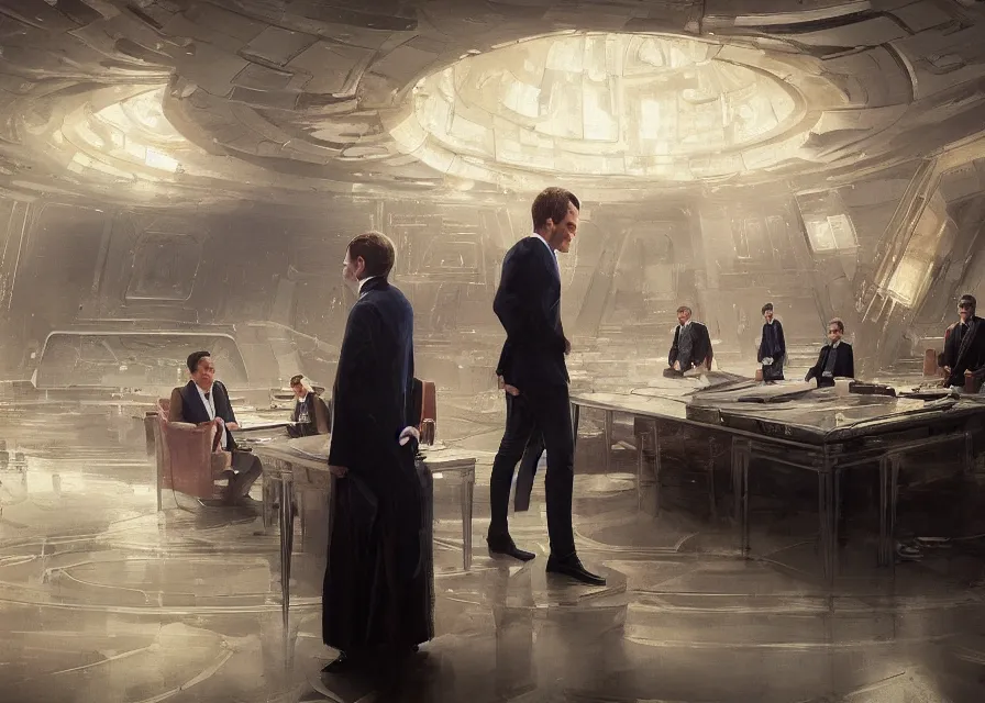Image similar to painting of Emmanuel Macron dressed as a senator in Star Wars,(((( inside the galactic senate)))), sharp focus, trending on ArtStation, masterpiece, by Greg Rutkowski, by Ross Tran, by Fenghua Zhong, octane, clear eyes, soft render, clear facial features, oil on canvas, moody lighting, cinematic, professional environment concept art
