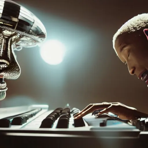 Image similar to cinematic film still of Pharrell Williams Making A Beat with an anthropomorphic alien, Japanese VFX, 2018, 400mm lens, f1.8, shallow depth of field,film photography