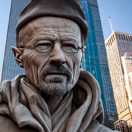Prompt: extreme long - shot photograph of a renaissance clay sculpture of walter white wearing a phrygian cap in front of times square, made by michelangelo, very detailed, sharp focus, 8 k resolution, ray tracing