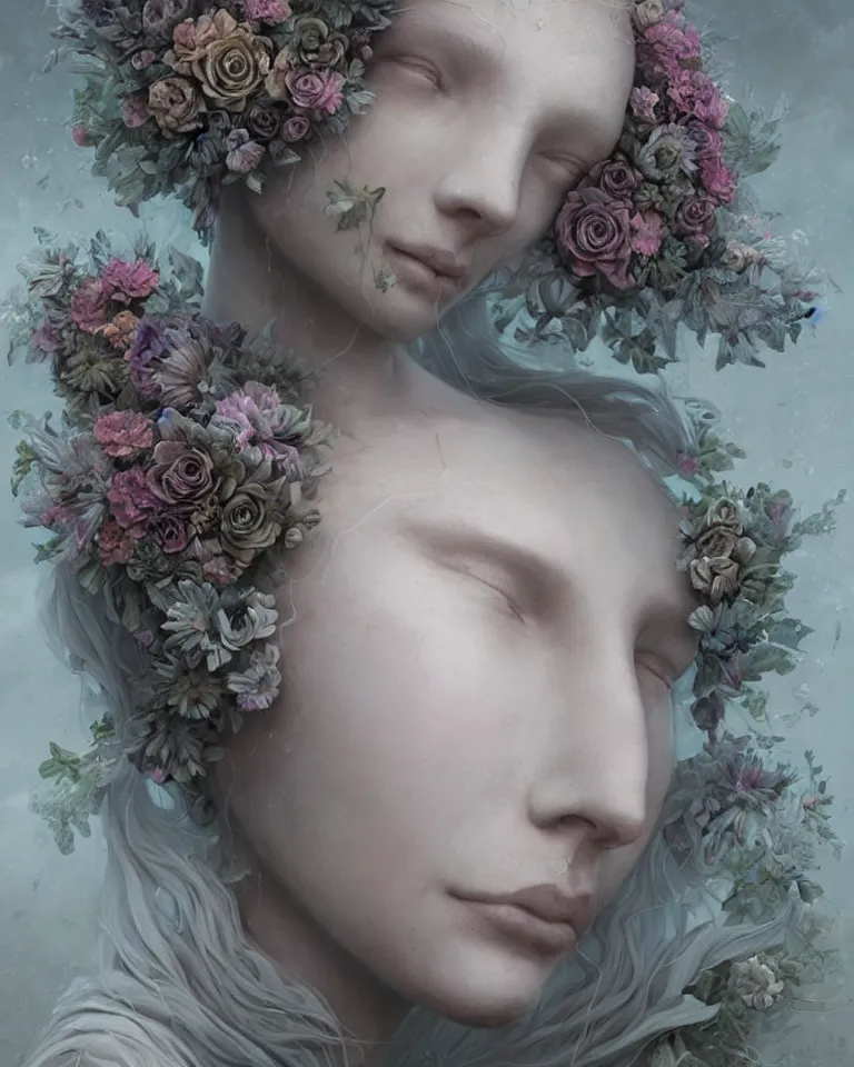 Image similar to portrait of a beautiful ethereal female made of concrete made of flowers made of mist, Andrew Ferez, Charlie Bowater, Marco Mazzoni, Seb McKinnon, Ryohei Hase, trending on cgsociety, featured on zbrush central, new sculpture, mystical