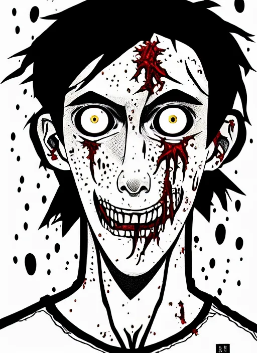 Image similar to junji ito style portrait of zombie teenage jughead jones wearing a light grey crown, zombie, crown, rotting skin, blind eyes, white eyes, crown, black hair, intricate, highly detailed, illustration, art by junji ito