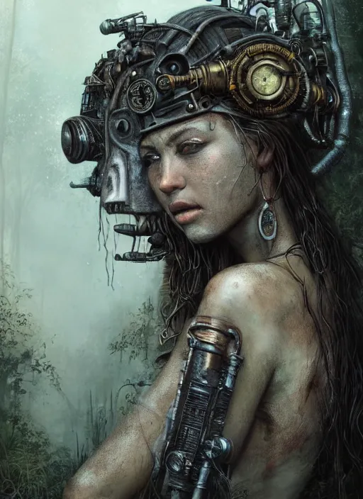Prompt: portrait of a young very beautiful cute tribal woman with a steampunk gun, post apocalyptic city overgrown with lush vegetation, by Luis Royo, by Greg Rutkowski, dark, gritty, intricate, highly detailed face, backlit, strong rim light, cover illustration, concept art, volumetric lighting, volumetric atmosphere, sharp focus, octane render, trending on artstation, 8k