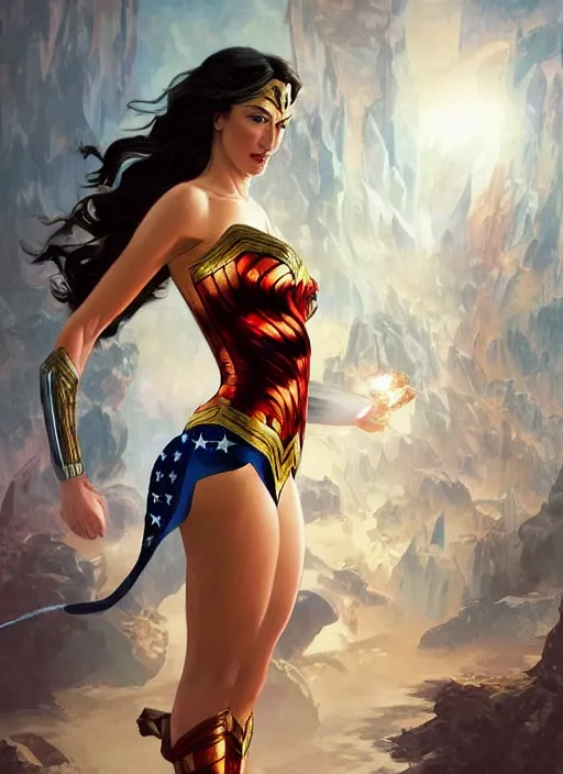 Image similar to Donald Trump as wonder woman, fantasy, intricate, elegant, highly detailed, digital painting, artstation, concept art, smooth, sharp focus, illustration, art by artgerm and greg rutkowski and alphonse mucha