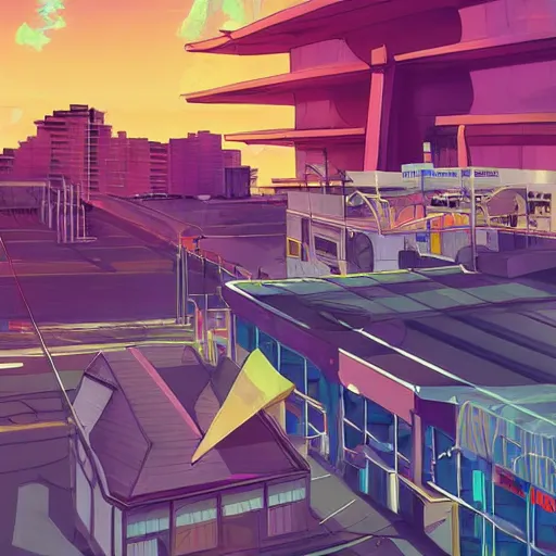 Prompt: mall, truss building, scaffolding building, geodesic building, cel - shading, 2 0 0 1 anime, flcl, jet set radio future, the world ends with you, sunshine, cel - shaded, strong shadows, vivid hues, y 2 k aesthetic, art by artgerm