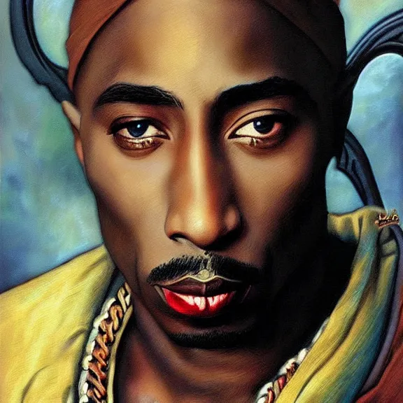 Image similar to tupac shakur art nouveau matte painting, highly detailed,