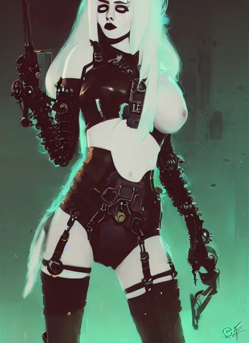 Image similar to portrait of cute goth girl in cyber bikini armor, warhammer, cyberpunk, by atey ghailan, by greg rutkowski, by greg tocchini, by james gilleard, by joe fenton, by kaethe butcher, by gustav klimt, dynamic lighting, gradient light blue, brown, blonde cream and white color in scheme, grunge aesthetic