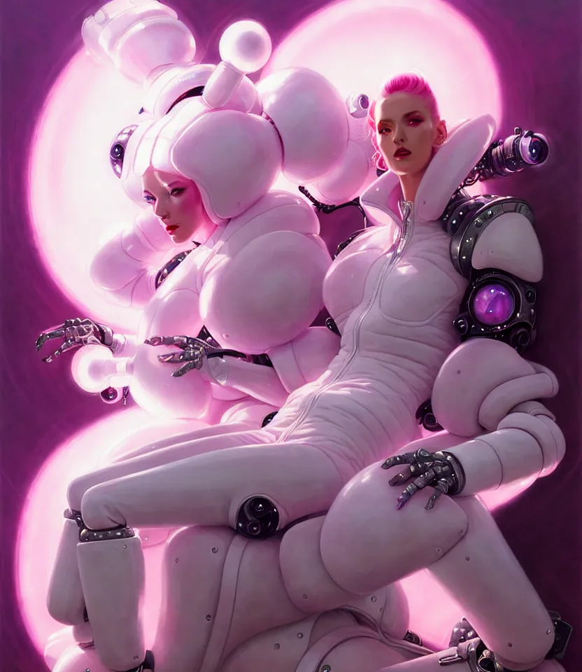 Image similar to beautiful fantasy character portrait, wearing pink puffy bomber jacket with white fur, seductive reclining pose, futuristic robots sitting, ultra realistic, dramatic lighting, robots, the fifth element artifacts, highly detailed by peter mohrbacher, hajime sorayama, wayne barlowe, boris vallejo, aaron horkey, gaston bussiere, craig mullins