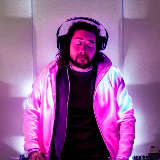 Image similar to the goat dj in a white jacket, retrowave, neon light,