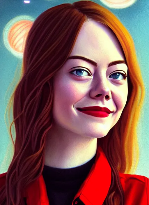 Image similar to portrait of teenage emma stone, long haircut, flowing ginger hair, white shirt, red tie, smiling kindly, soviet house at background, 1 9 8 0 s, intricate, elegant, glowing lights, highly detailed, digital painting, artstation, concept art, smooth, sharp focus, illustration, art by wlop, mars ravelo and greg rutkowski