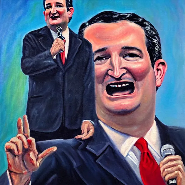 Image similar to an oil on canvas portrait painting of ted cruz giving a speech at the republican convention, surrealism, surrealist, cosmic horror, high detail