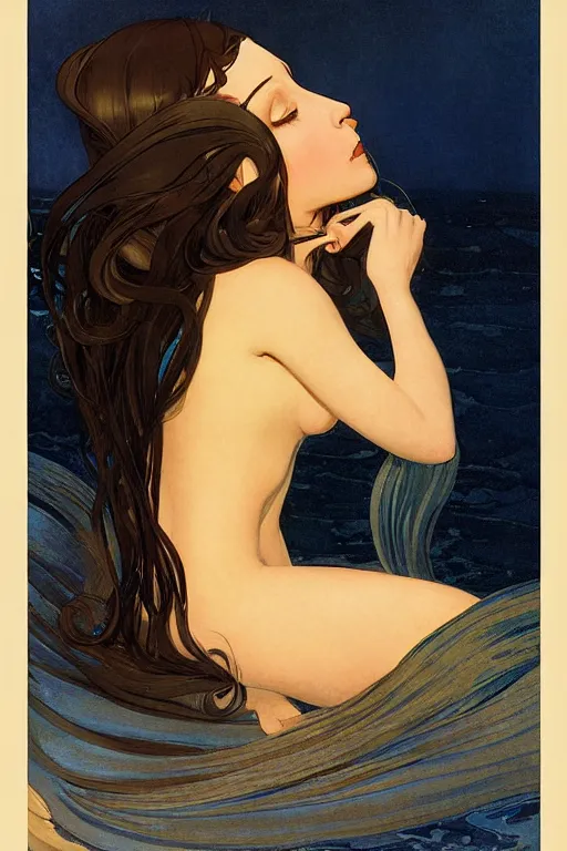 Prompt: Portrait, dark sultry beautiful mermaid with long flowing hair, by N.C. Wyeth, j.c. Leyendecker, Brom, face by Otto Schmidt