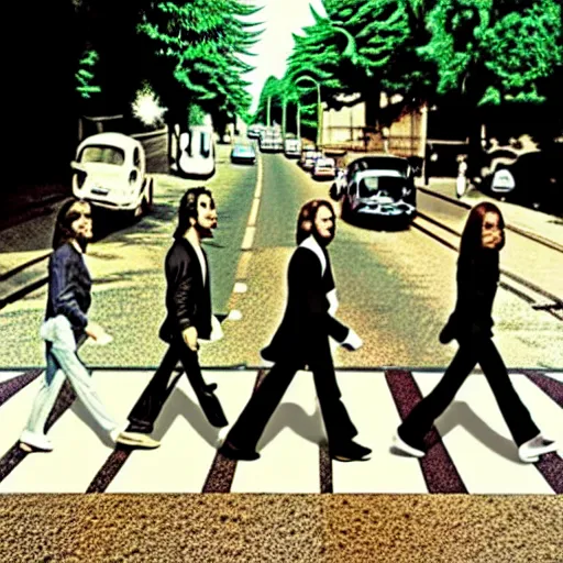 Image similar to alien walking in the street, abbey road album cover