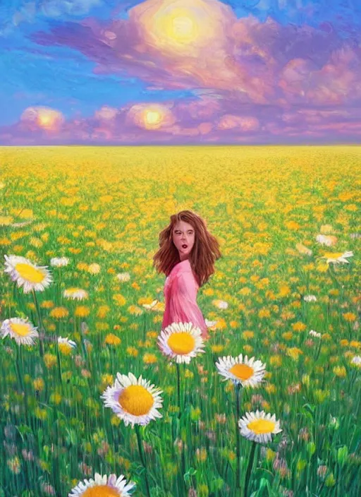 Image similar to portrait of a female face made of giant daisies, standing in a flower field, holding flowers, surreal photography, sunset dramatic light, impressionist painting, colorful clouds, large sky, digital painting, artstation, simon stalenhag