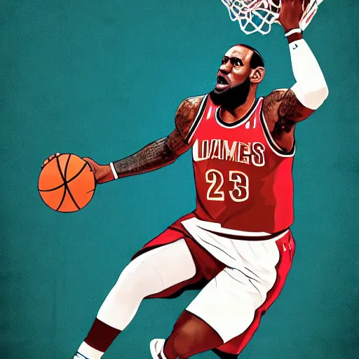 Image similar to a sports center sports action shot poster of lebron james dunking a basketball during a game, professional photography, cool poster design, photoshopped, epic, trending on artstation