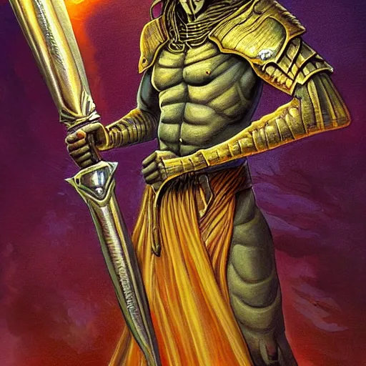 Image similar to ( ( ( half length portrait of yellow - skinned githyanki warrior holding a magical silver sword, in the astral plane ) ) ), d & d, fantasy, medieval, hr giger