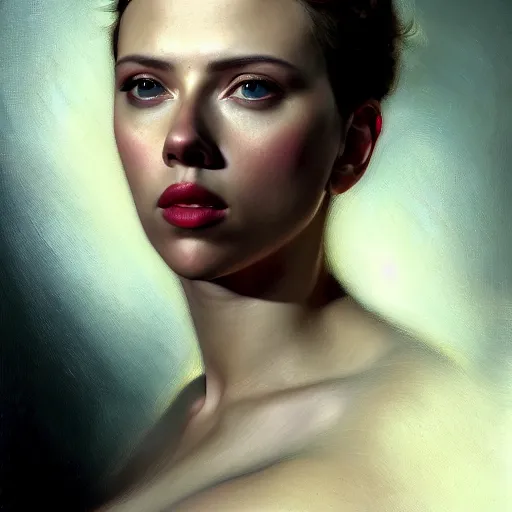 Prompt: highly detailed oil painting | very intricate | cinematic lighting | award - winning | portrait of scarlett johansson | by roberto ferri, by tom bagshaw, by j. c. leyendecker and klimt, american romanticism, by austin osman spare, artstation, cgsociety, official art, octane