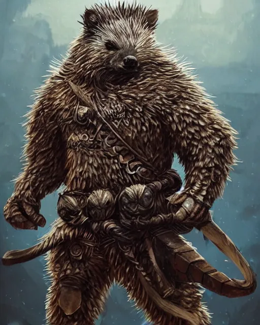 Image similar to anthropomorphic rugged hedgehog!!! with furry!! oversized barbarian muscular armored upper body, action battle pose,long hair, 👅 👅 , D&D, fantasy, intricate, elegant, highly detailed, digital painting, artstation, concept art, smooth, sharp focus, illustration, art by artgerm and beeple and greg rutkowski and alphonse mucha