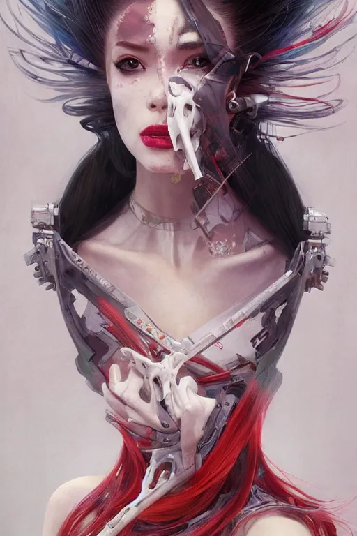 Prompt: > professional dynamtic portrait of female an agile geisha cyberpunk in a dynamic pose , armor elements , long red hair, beautiful bone structure, symmetrical facial features, intricate, elegant, digital painting, concept art, smooth, sharp focus, illustration, by Ruan Jia and Mandy Jurgens , and mucha, and Artgerm and William-Adolphe Bouguerea