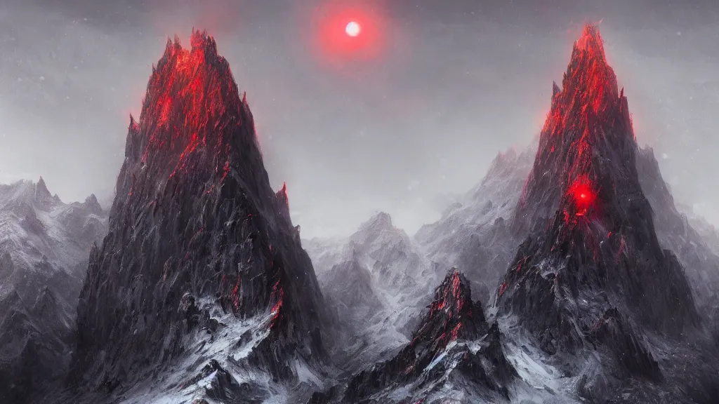 Prompt: huge mountain fortress with a dark tower that has a glowing red eye on a snowy mountain by eugene von guerard, ivan shishkin, dramatic lighting, concept art, trending on artstation, 8 k