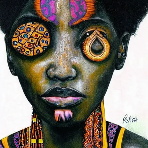 Prompt: ghost african women with tribal tatoo, klimt paint