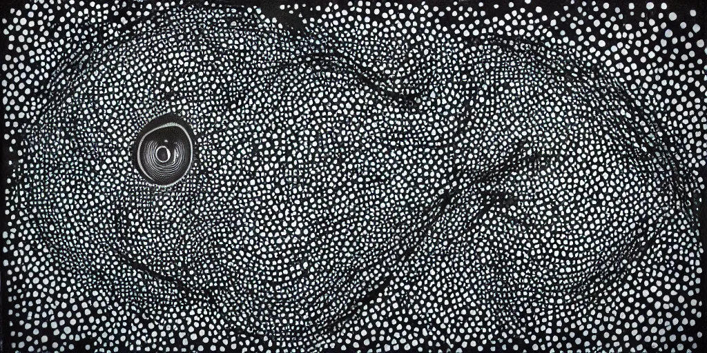 Image similar to deconstructed eye camo, technical, acrylic, teeth, death metal, eerie, tribal, clay, dotting, lines, stipple, points, cybernetic, style of old painting, francis bacon art, sleep paralysis, hypnosis, eerie, terror, oil, neon, black and white, splotches, colorful dots, ominous, abstract