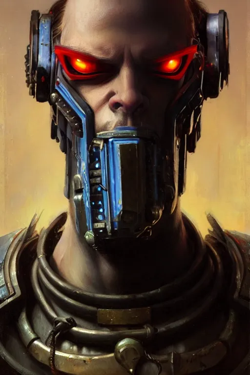 Image similar to character portrait cyberpunk warhammer 4 0 k steve buscemi, character design, painting by gaston bussiere, katsuya terada, frank frazetta, tom of finland, trending on artstation