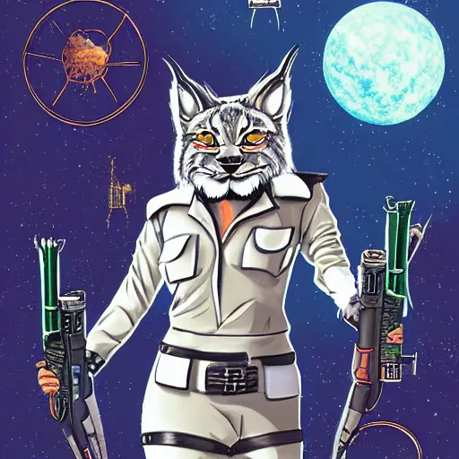 Image similar to lynx - headed space pirate, science fiction, pulp sci fi, heavy metal magazine, illustration