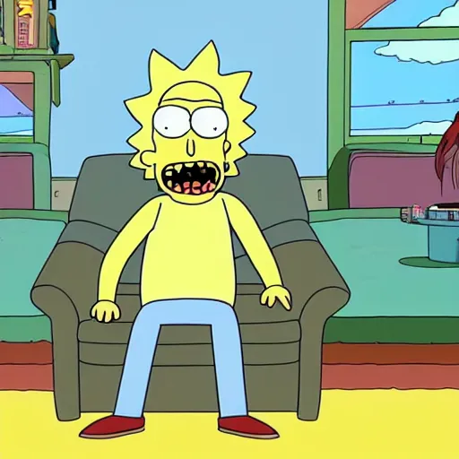 Image similar to Rick & Morty starring in the simpsons couch-gag