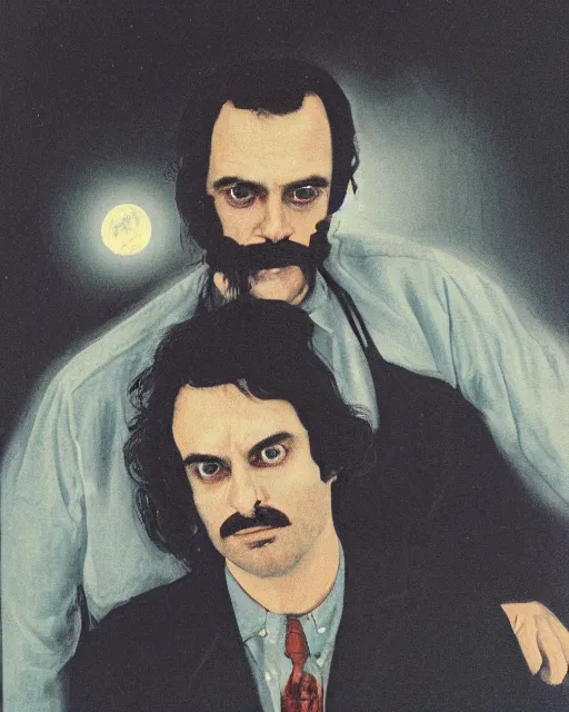 Image similar to an instant photo of two beautiful but sinister men wearing oxford shirts in layers of fear, with haunted eyes and dark hair, 1 9 7 0 s, seventies, wallpaper, a little blood, moonlight showing injuries, delicate embellishments, painterly, offset printing technique, by brom, robert henri, walter popp