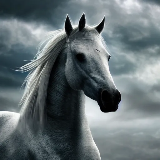 Prompt: a white horse standing in the wind, background stormy sky, hyperdetailed, artstation, cgsociety, 8k