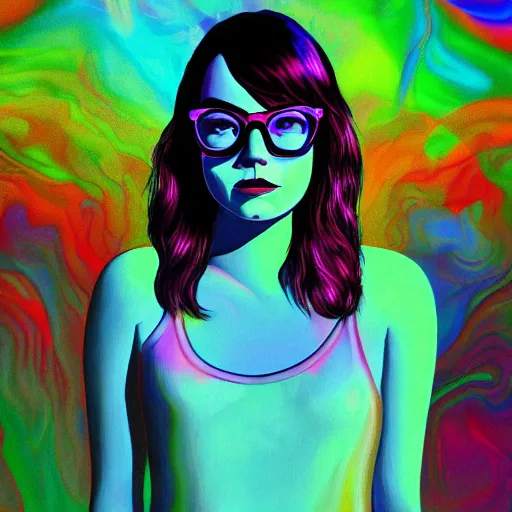 Prompt: Emma Stone with glasses swimming in chromatic distortions in misty mysterious place, beautiful, psychedelic, lsd, trending on artstation, omnious, soft, artwork by Tran, Ross