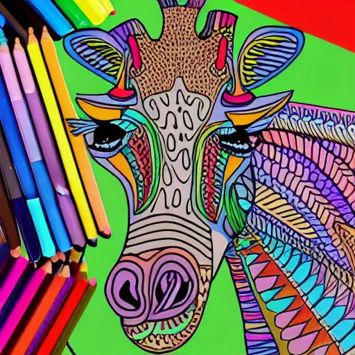 Prompt: a colouring in book illustration of a giraffe