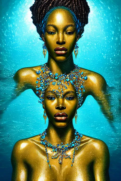 Prompt: hyperrealistic precisionist whole body cinematic bioluminescent very expressive! oshun goddess underwater scene, gold jewerly, highly detailed face, digital art masterpiece, smooth eric zener cam de leon, dramatic pearlescent turquoise light on one side, low angle uhd 8 k, shallow depth of field