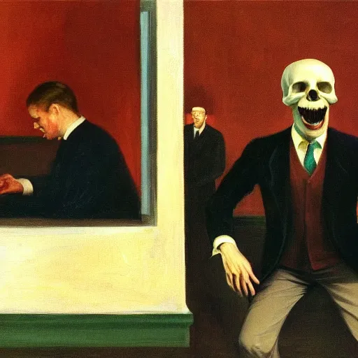 Image similar to a crying man who is screaming, his head is a skull, he wears a suit, in the style of Edward Hopper, 4k,