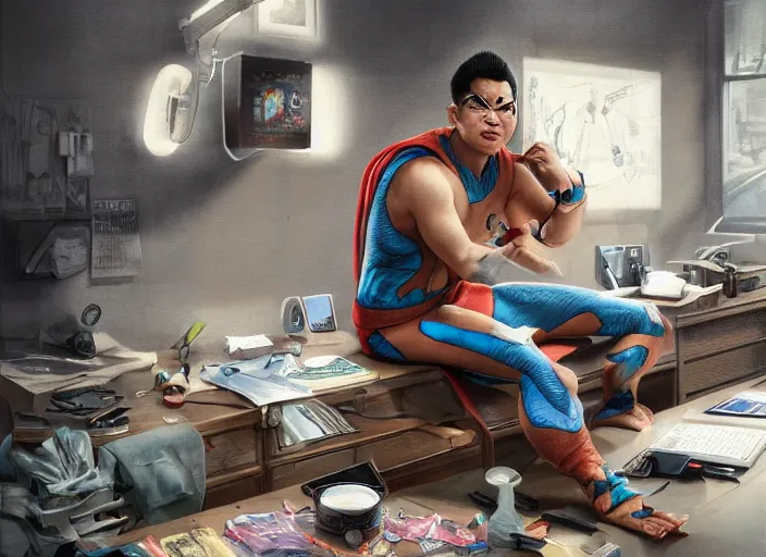 Prompt: an insanely detailed and realistic painting of an asian man wearing a homemade superhero costume, sitting at a desk, staring seriously at the computer and typing, in the style of peter mohrbacher, james jean, artgerm, dramatic lighting and composition, surreal background, octane render, pixar, trending on artstation, concept art, comic book, 8 k