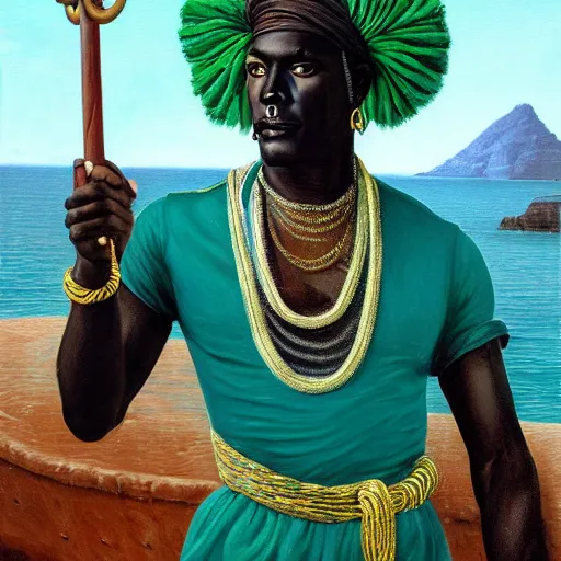 Prompt: oil painting of an imposing and handsome mature african - haitian naval officer voodoo god of the sea with green eyes wearing blue, sea - green and white clothes, holding a trident in his hand by john william godward. photorealistic, highly detailed, bright colors, classical lighting, sea background.