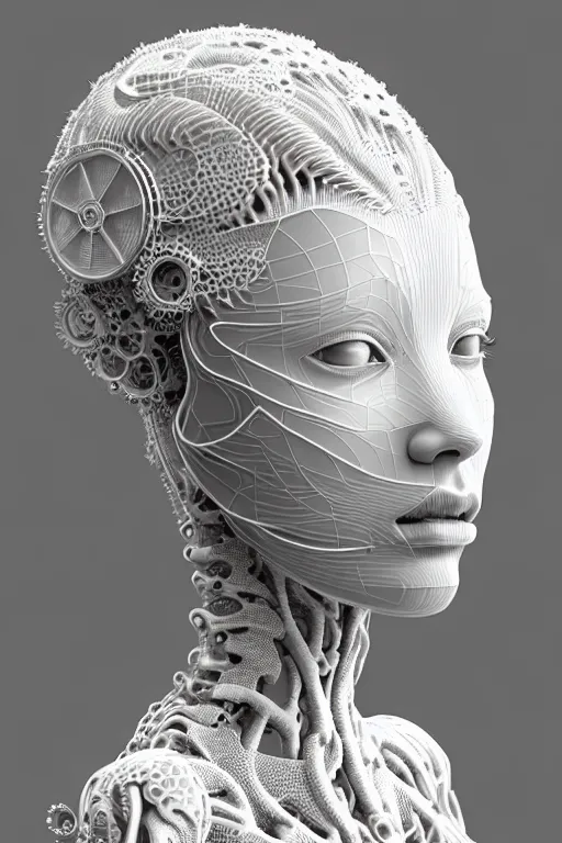 Prompt: bw 3 d render, hyper detailed, stunning beautiful biomechanical albino female cyborg with a porcelain profile face, angelic, beautiful natural soft rim light, big leaves and stems, roots, fine foliage lace, alexander mcqueen, art nouveau fashion embroidered, steampunk, silver filigree details, hexagonal mesh wire, mandelbrot fractal, elegant, 1 9 3 0