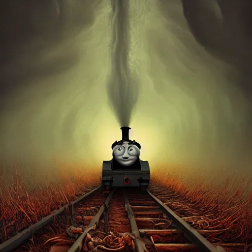 Image similar to thomas the tank engine in style of zdzisław beksinski, extremely dramatic lighting, 8 k, tendrils, black, darkness, black slime tendrils, infected, rust, body horror, thomas the train, thomas the tank engine face, horror,