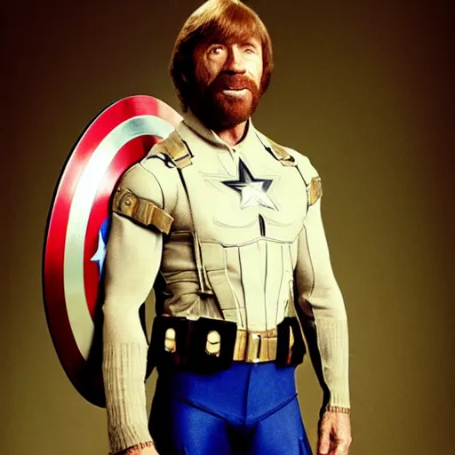 Image similar to uhd candid photo of chuck norris dressed as captain america, wearing extremely intricate costume. photo by annie leibovitz