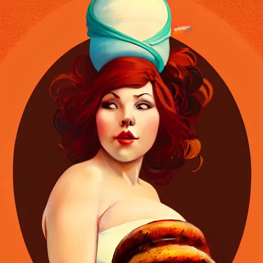 Image similar to curvy woman with a bundt cake on her head, digital art, cinematic, concept art, 8k, painting, imaginefx, cgsociety, art nouveau, Alphonse Mucha, trending on artstation, wide shot, full shot