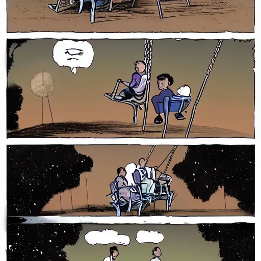 Prompt: donkey riding a playground swing, sci-fi graphic novel style