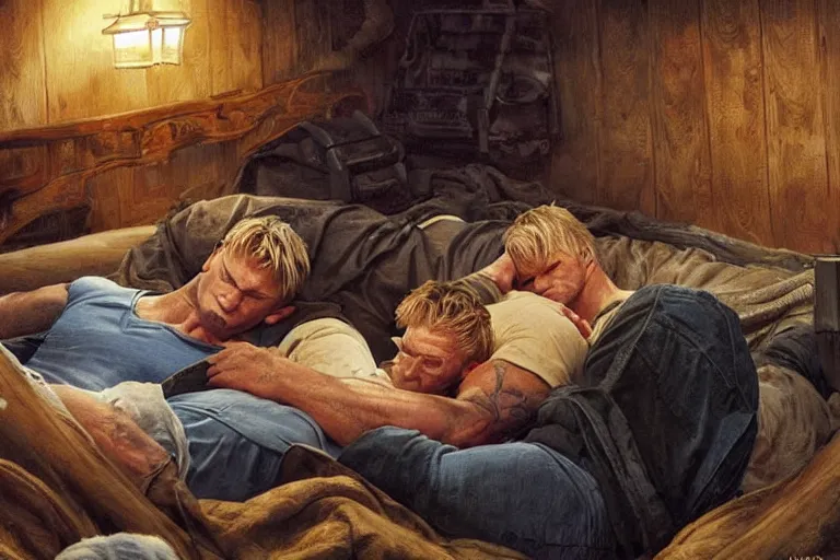 Prompt: portrait of dolph lundgren and slyvester stalone sleeping in bunk beds 1 9 9 4, an oil painting by ross tran and thomas kincade