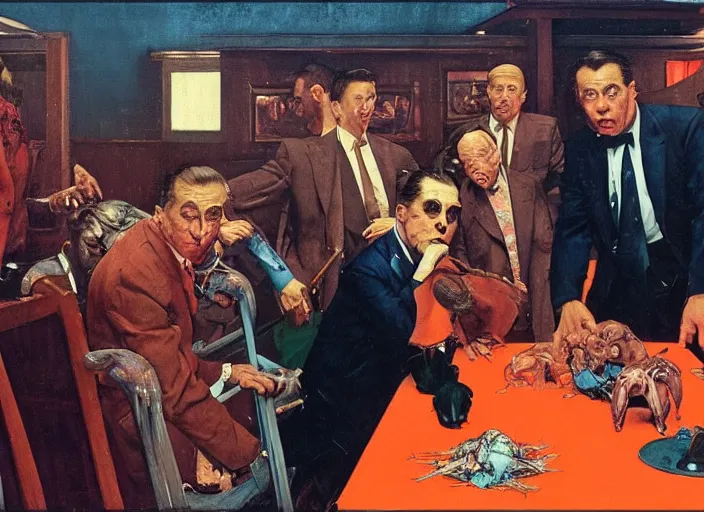 Prompt: a still from the movie godfather by of francis bacon and norman rockwell and james jean, a still from the movie antman and the wasp, mark brooks, triadic color scheme, by greg rutkowski, syd mead and edward hopper and norman rockwell and beksinski, dark surrealism, orange and turquoise ans purple