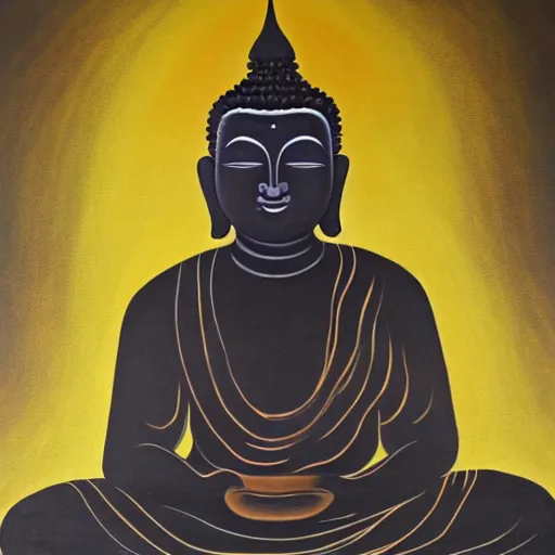 Prompt: a painting of a buddha with his eyes closed, an oil on canvas painting by ram chandra shukla, shutterstock, figurativism, creative commons attribution, photoillustration, fractalism